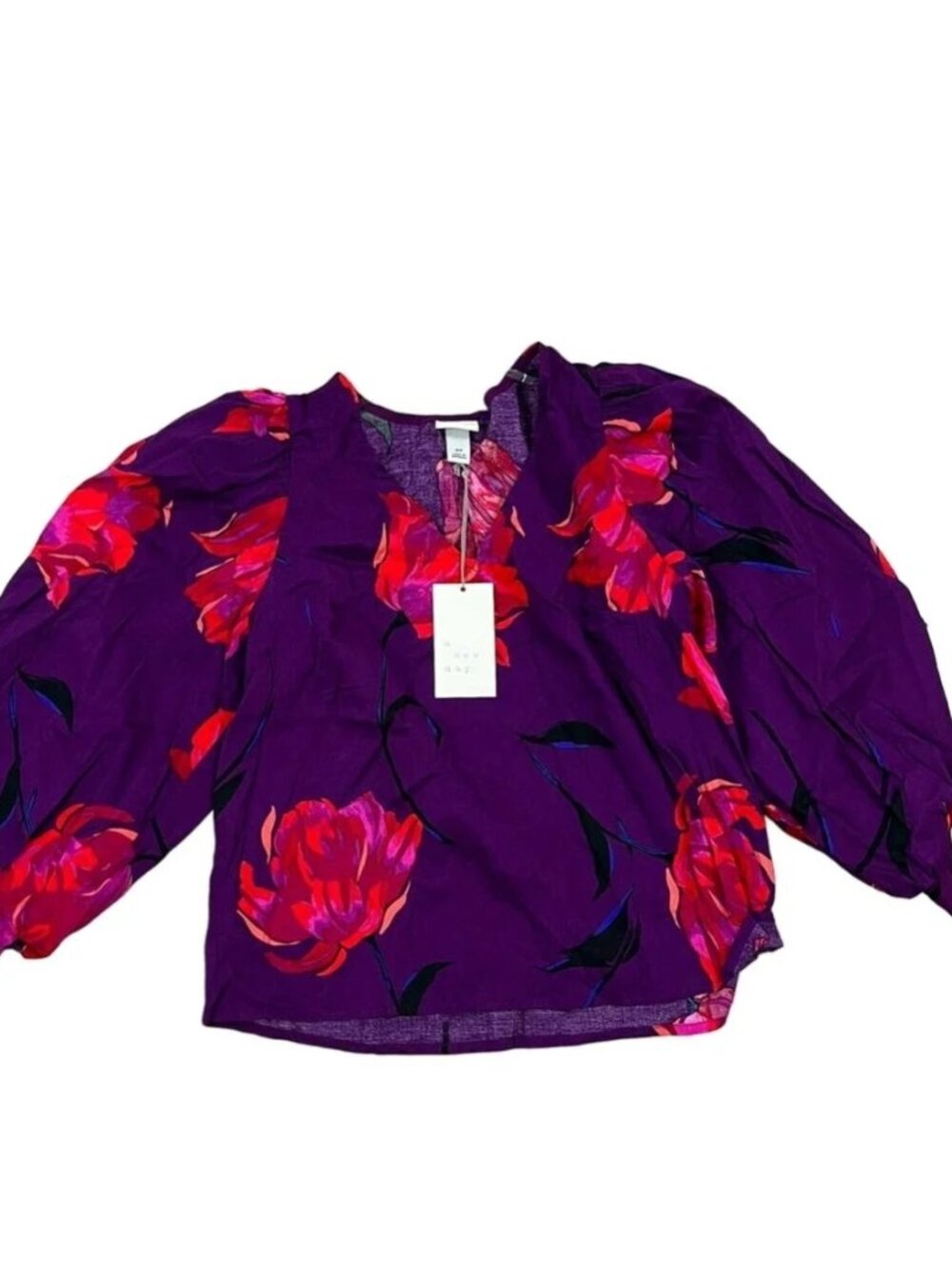 NWT ANew Day Women's Floral Print Purple Bishop Long Sleeve Top - Size XXL - NWT